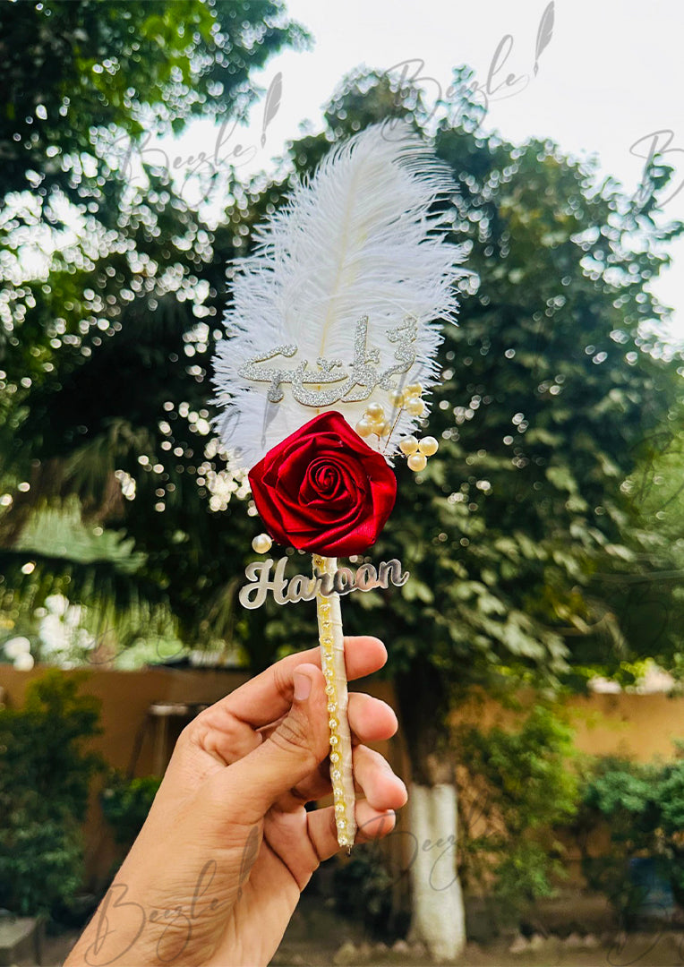 The Beautiful Nikah Pen With Customized Name, Feather & Red Flower | PEN-68