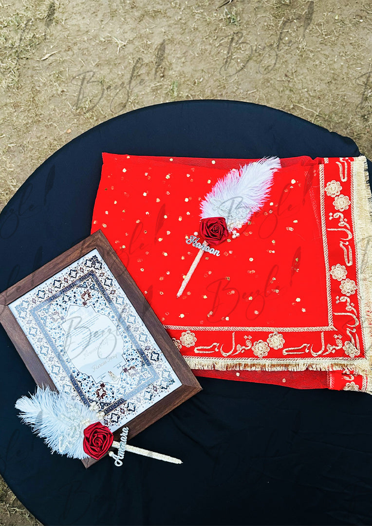 The Best Deal Two Nikah Pens, Nikkah Certificate and One Red Nikkah Dupatta | DEL-119