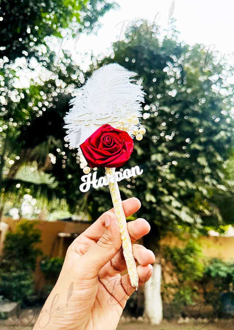 The Beautiful Nikah Pen With Customized Name, Feather & Red Flower | PEN-68