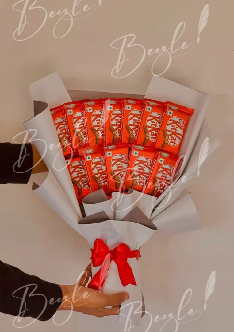 Elegant White KitKat Chocolate Bouquet with Red Bow | BCG-009