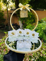 Load image into Gallery viewer, Personalized Nikkah Ring Tray with Mirror Base, White Flowers &amp; Two Ring Boxes | NT-005