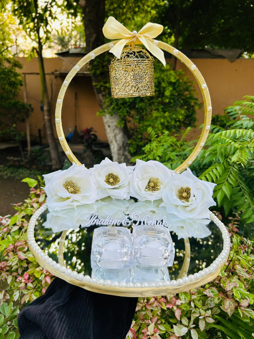Personalized Nikkah Ring Tray with Mirror Base, White Flowers & Two Ring Boxes | NT-005