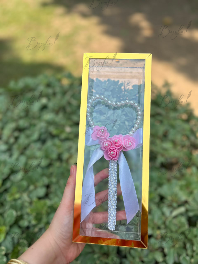 Beautiful Nikah Pen with a Heart, Decorated With Pearls and Pink Flowers | PEN-83