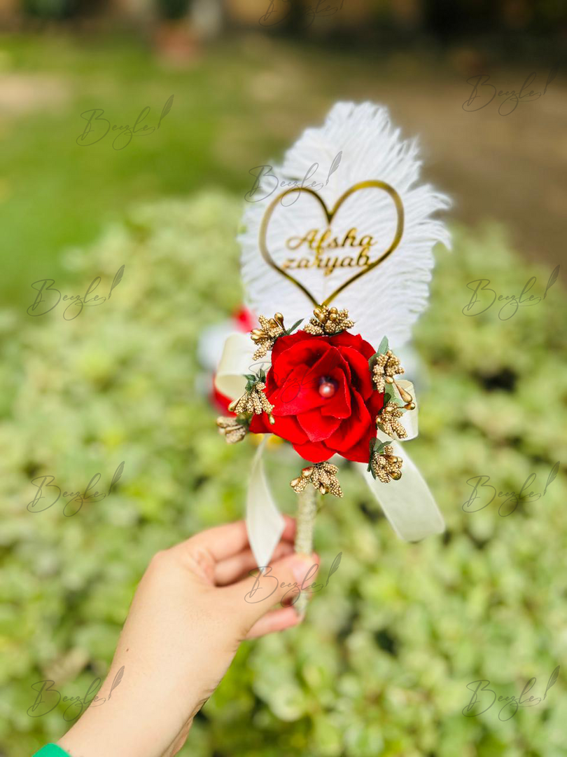 The Beautiful Nikah Pen Decorated With Name, Feather & Red Flower | PEN-42