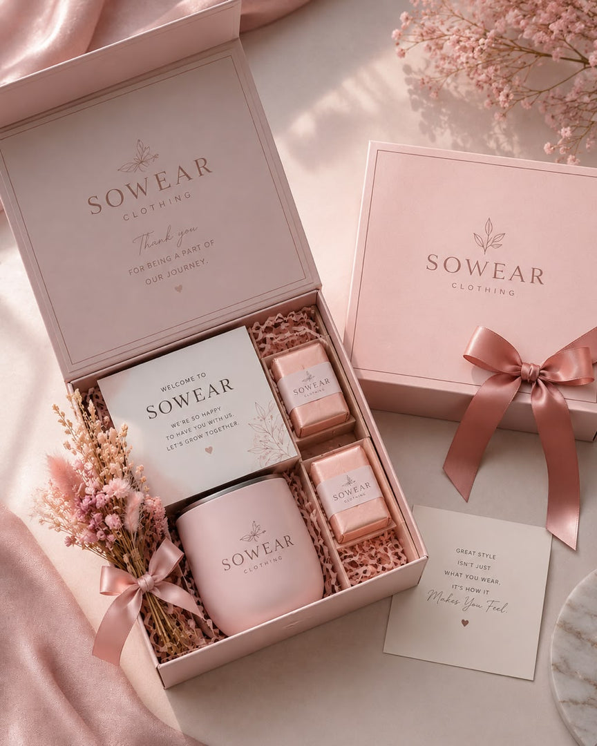 Pastel pink welcome gift box with ceramic mug, dried flowers, and wrapped soaps, tied with satin ribbon