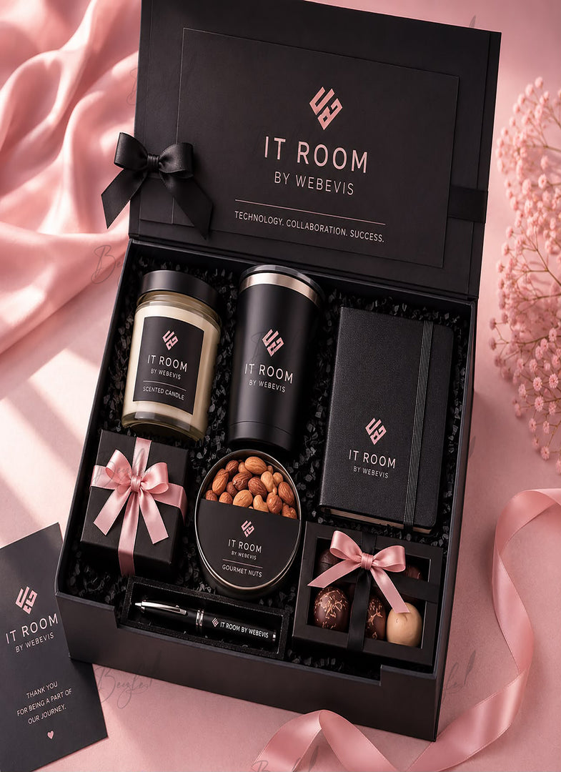 A luxury gift set from IT ROOM BY WEBEVIS, presented in an open black box with pink satin ribbons. The set includes a candle, a tin, a notebook, chocolates, a pen, and a small gift box, all branded with the IT ROOM logo.