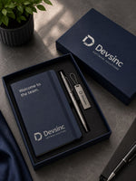 Load image into Gallery viewer, Slate welcome kit with branded notebook, pen, and USB drive keychain in matching navy box