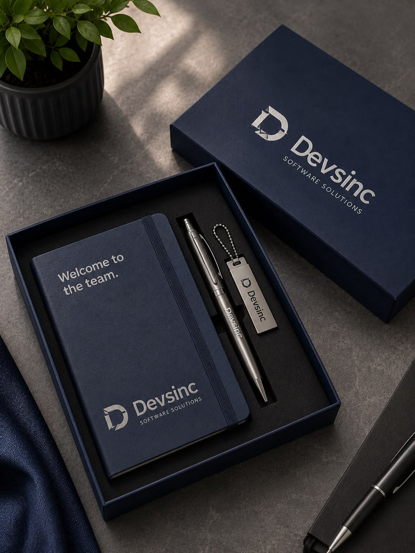 Slate welcome kit with branded notebook, pen, and USB drive keychain in matching navy box
