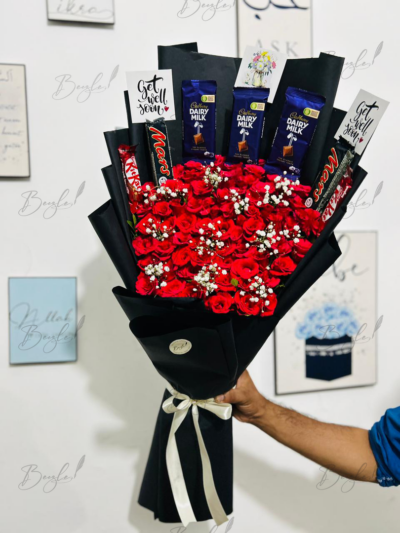 Well Wishes Gift Bouquet with fresh red roses, premium chocolates, and get well message cards