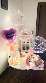 Load image into Gallery viewer, Luxe Celebration Box with fresh flower bouquet, LED acrylic cake box, decorative balloons, and elegant gift presentation