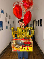 Load image into Gallery viewer, Luxury birthday surprise acrylic gift box with cake, fresh roses, LED lights, LOVE sign, and heart balloons