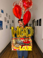 Luxury birthday surprise acrylic gift box with cake, fresh roses, LED lights, LOVE sign, and heart balloons