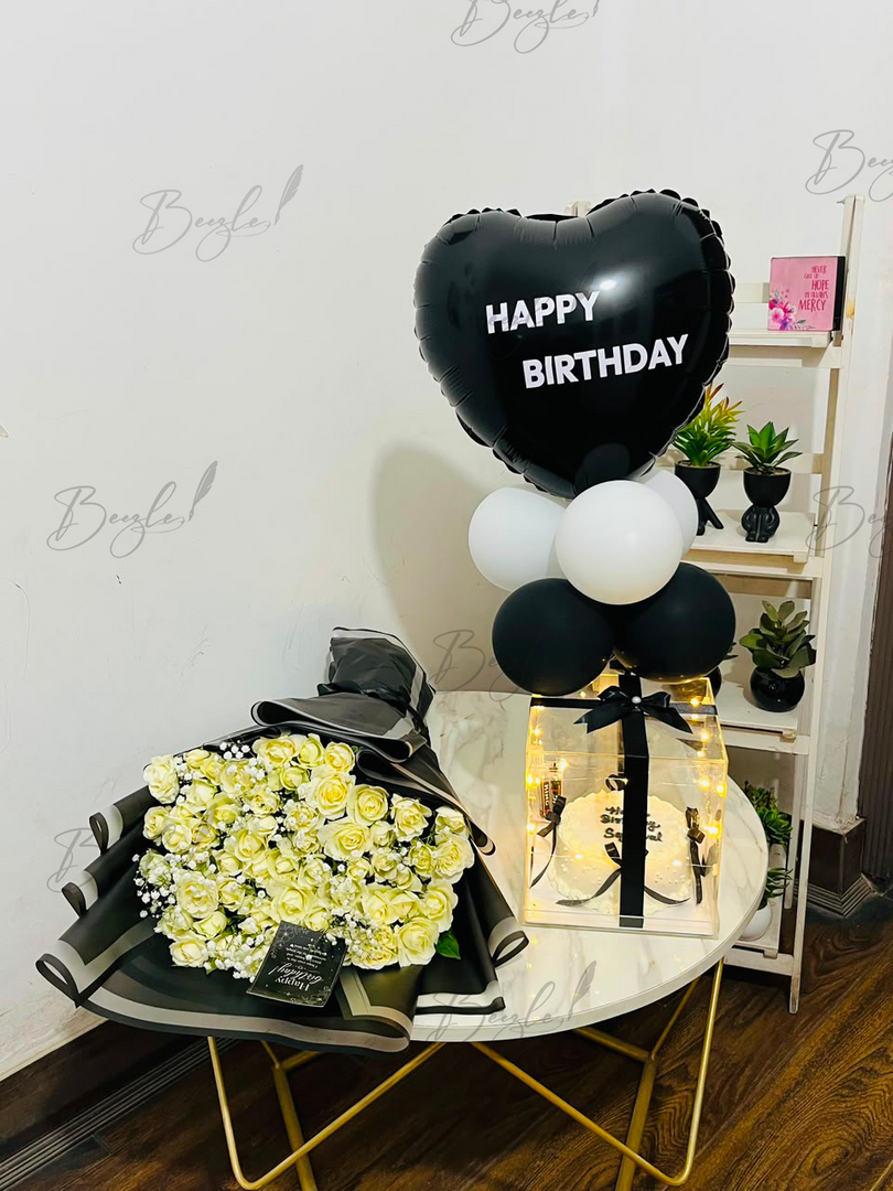 Elegant birthday surprise with fresh white roses, cake box and balloons