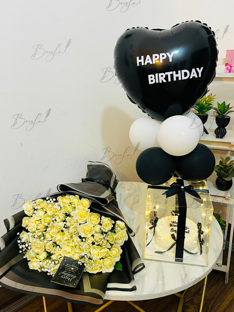 Luxury birthday gift box featuring white roses and black birthday balloons