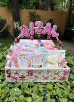 Load image into Gallery viewer,  Customized Tiny Blossom Hamper -personalized baby girl gift basket with name topper and pink accessories