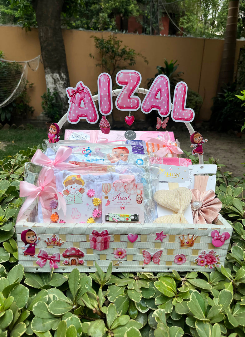  Customized Tiny Blossom Hamper -personalized baby girl gift basket with name topper and pink accessories