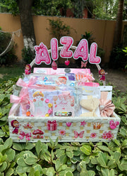  Customized Tiny Blossom Hamper -personalized baby girl gift basket with name topper and pink accessories