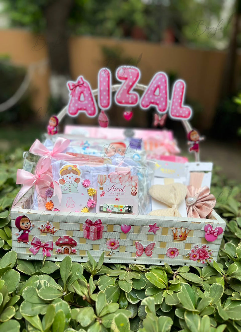 Tiny Blossom Hamper - personalized baby girl gift basket with name topper and pink accessories