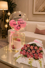 Glow and Garland Set, personalized engagement balloon, glowing cake, and rose bouquet