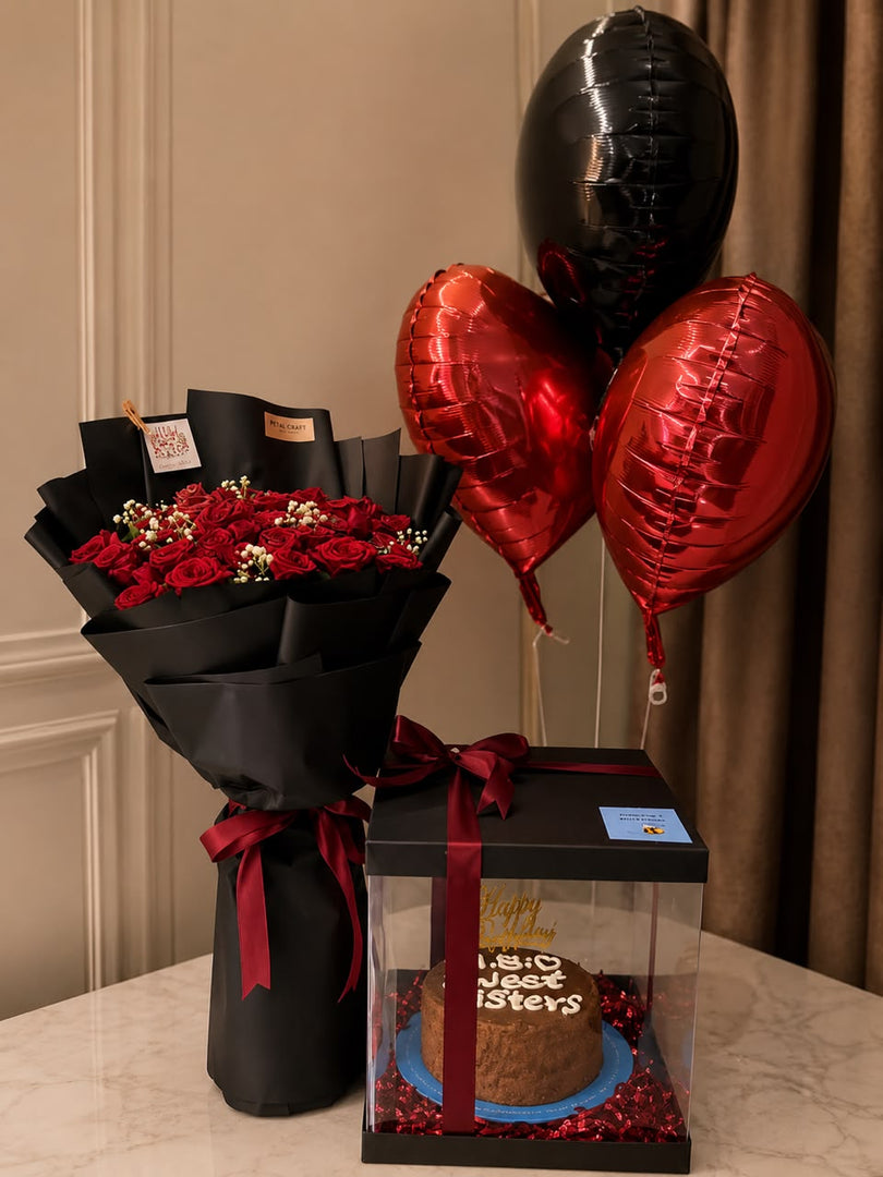 Birthday gift for sister with red rose bouquet, chocolate cake gift box, and heart balloons