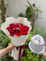 Load image into Gallery viewer, Crimson Cub Duo, red rose bouquet with bear-illustration birthday cake