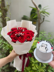 Crimson Cub Duo, red rose bouquet with bear-illustration birthday cake