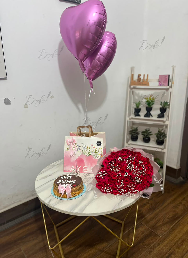 rose bouquet and cake gift set 