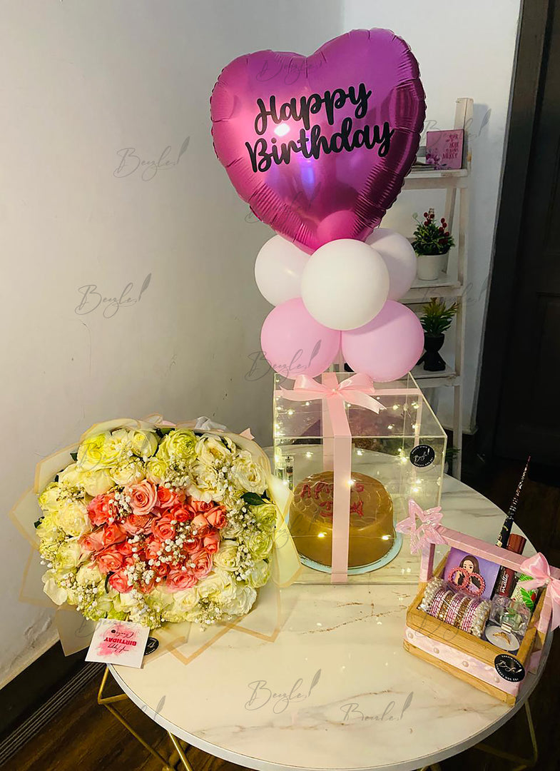 white rose bouquet, accesories and cake box