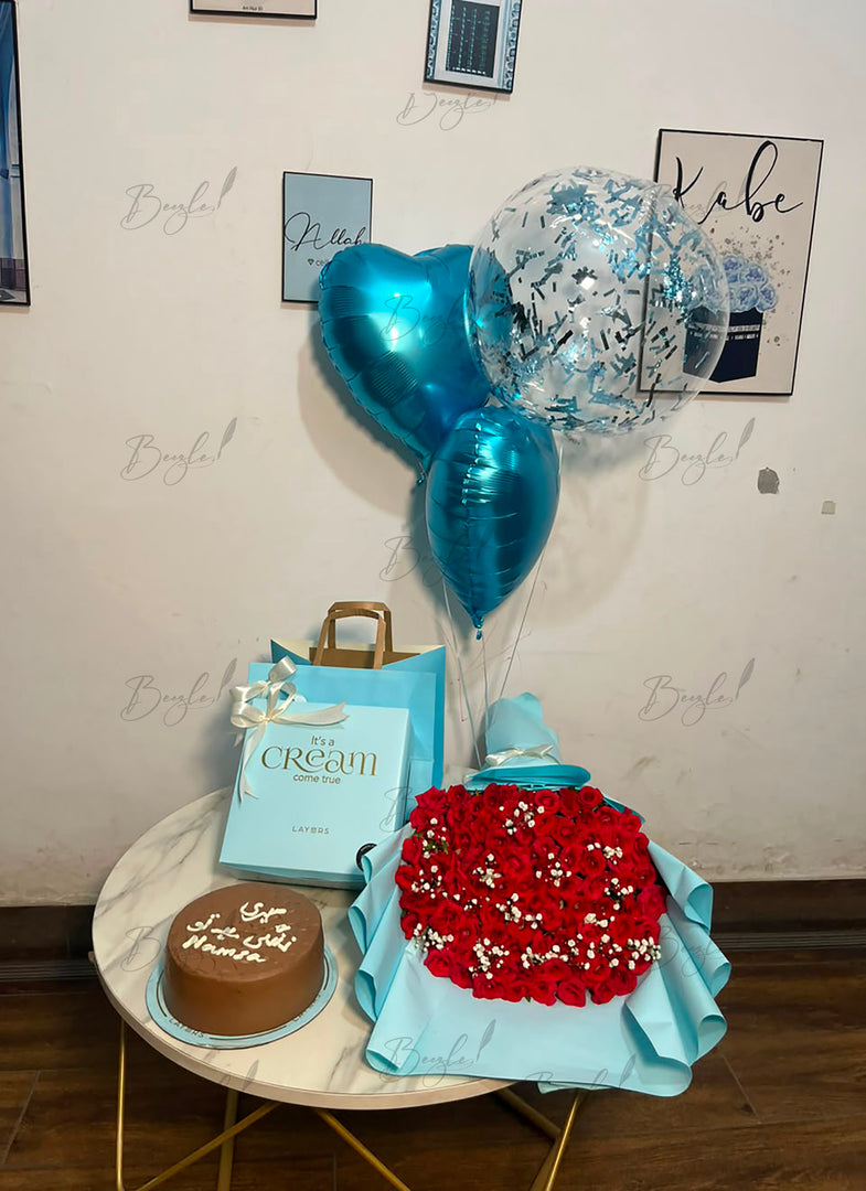  Blue Theme Red Roses Bouquet, Cake & Balloon Gift Hamper