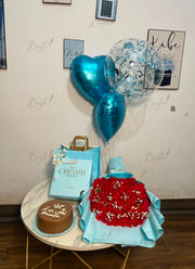  Blue Theme Red Roses Bouquet, Cake & Balloon Gift Hamper