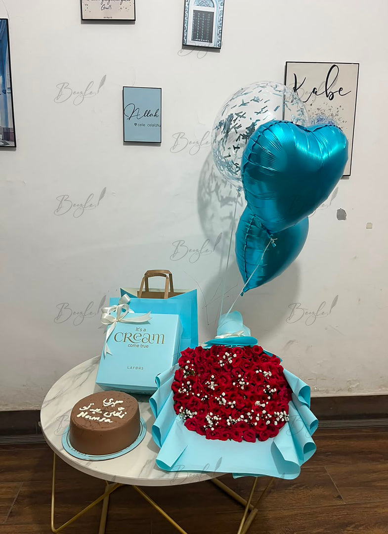 Blue Theme Roses, Cake & Balloon Gift Hamper