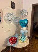 Load image into Gallery viewer, Premium Celestial Bloom gift box featuring fresh flowers, birthday cake, transparent display box, and balloons
