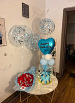 Load image into Gallery viewer, Celestial Bloom customized birthday gift with blue cake, rose bouquet, decorative balloons, and elegant gift arrangement