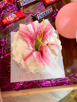 Load image into Gallery viewer, Pink floral cake with large lily flower and white cream detailing