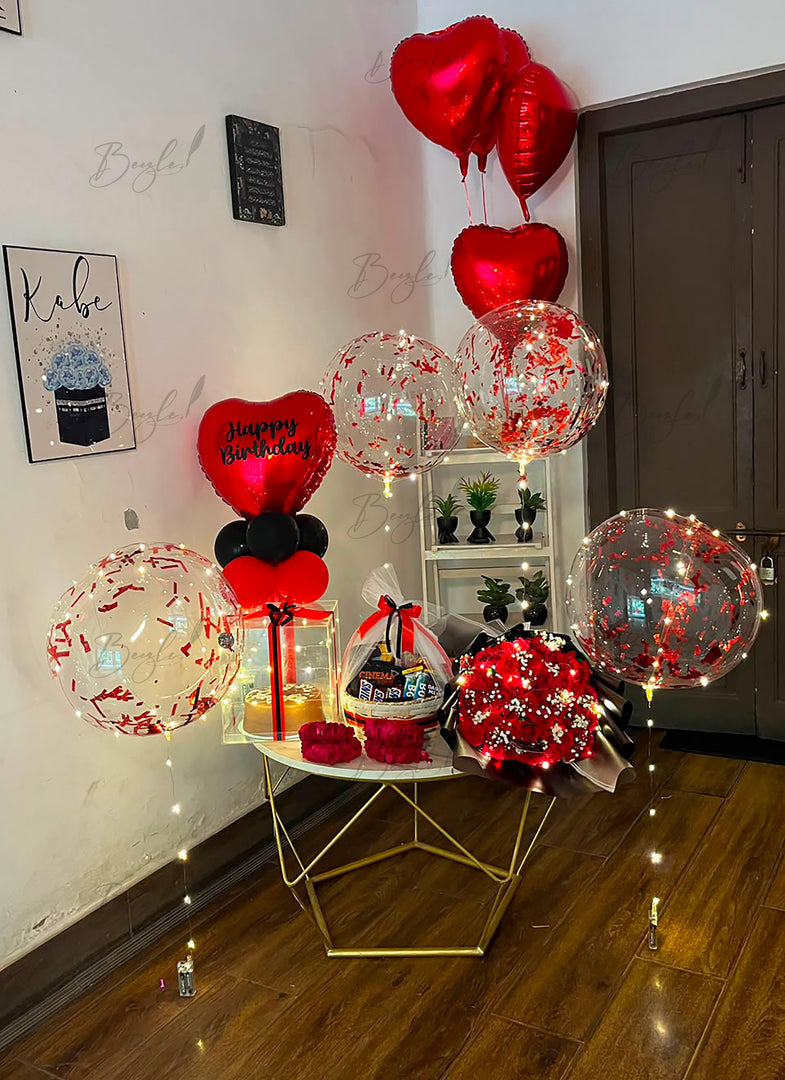 Velvet Rouge premium birthday balloon and gift arrangement
