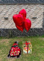 Load image into Gallery viewer, Heartline Glow gift combo with fresh red rose bouquet, birthday cake in an LED acrylic box, and red heart-shaped helium balloons