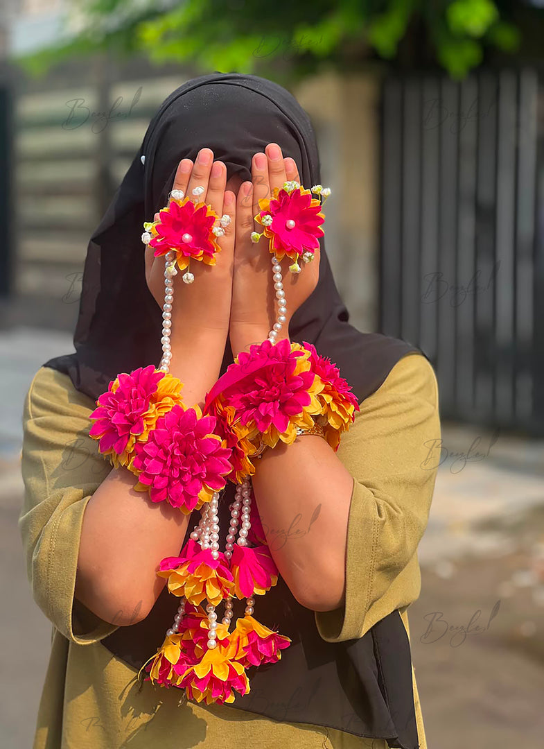 Pink yellow floral hand adornment for mehndi
