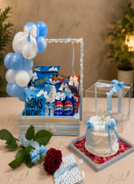 Load image into Gallery viewer, Sapphire Grace blue and white birthday gift hamper with cake and balloons