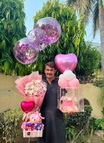 Load image into Gallery viewer, Pink Birthday Bliss gift hamper with flowers, teddy bear, chocolates and balloons
