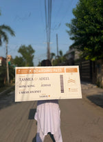 Load image into Gallery viewer, Gold and white personalized journey welcome board designed like a boarding pass for special celebrations