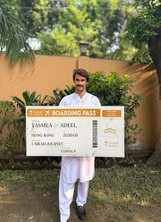 Personalized Blessed Journey boarding pass welcome board with custom names and Umrah journey details