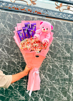 Load image into Gallery viewer, Pink teddy bear bouquet with Dairy Milk chocolates and pink flowers