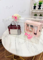 Load image into Gallery viewer, Burgundy handbag and pink perfume gift set with fresh roses