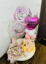 Load image into Gallery viewer, Birthday Blush Reverie gift bundle with cake flowers and balloons