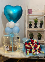 Load image into Gallery viewer, Premium flower and balloon hamper featuring colorful roses with a glowing surprise box.