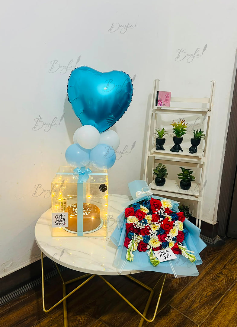 Oceanic Elegance luxury gift setup with blue heart balloon, rose bouquet, and illuminated gift box.