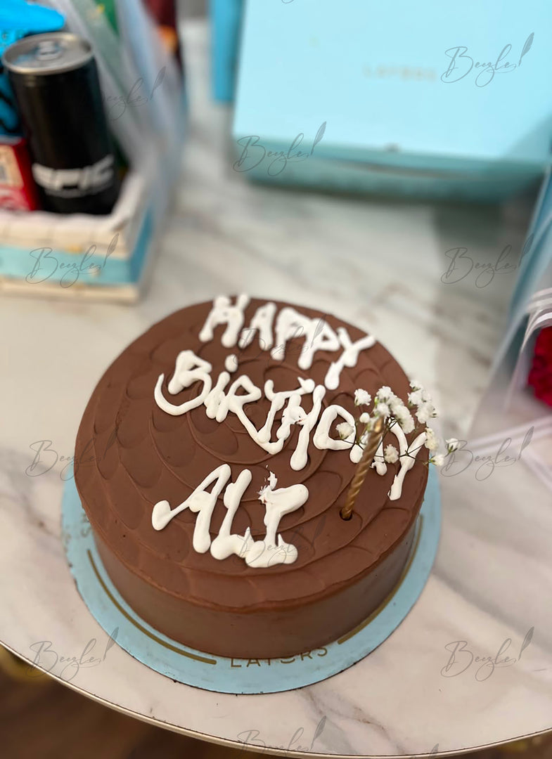 Chocolate cake with customized message for gift bundle