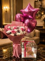 Load image into Gallery viewer, Petal Symphony gift set with pink flower bouquet, heart balloons, star balloon, luxury cake display, and elegant celebration décor.