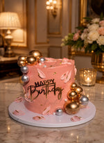 Load image into Gallery viewer, Blush Pearl Royale Cake with pink frosting, gold and silver sphere decorations, pearl accents, and custom birthday topper.