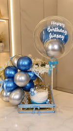 Load image into Gallery viewer, Azure Fantasy luxury birthday setup with blue silver balloons, personalized bubble balloon, and cake.